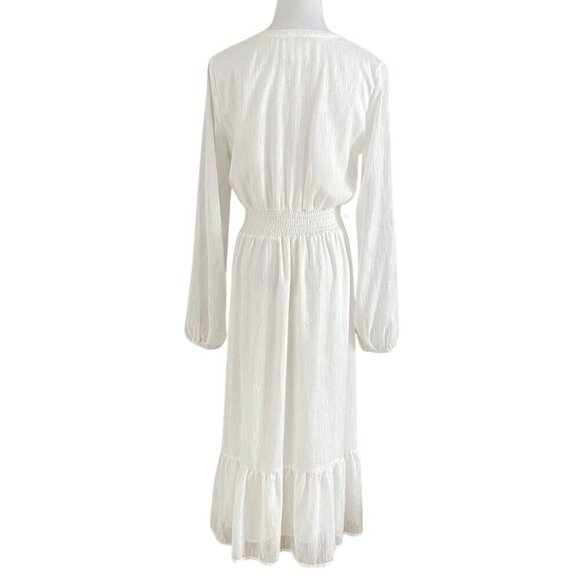LOST + WANDER WHITE TEXTURED BUTTON FRONT SMOCKED WAIST TASSEL MAXI DRESS - S - Picture 3 of 10